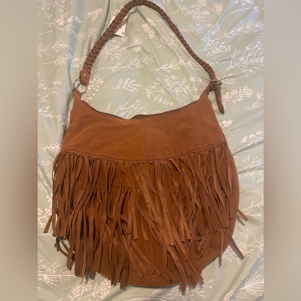 Brown fringe hobo bag with braided strap